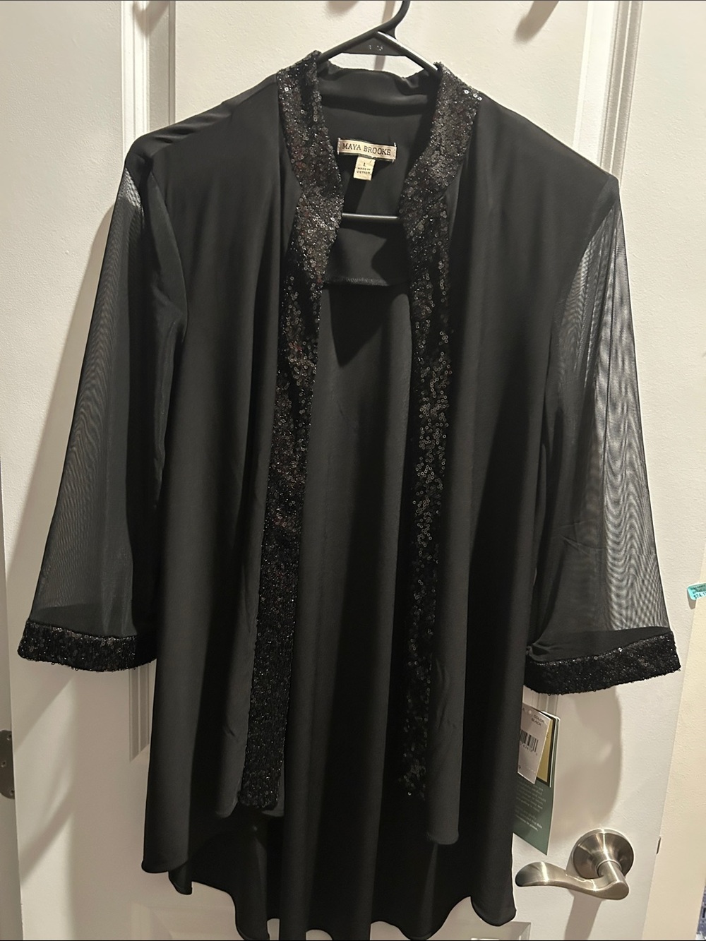Maya Brooke Black Sequin-Trim Open Cardigan Jacket Large